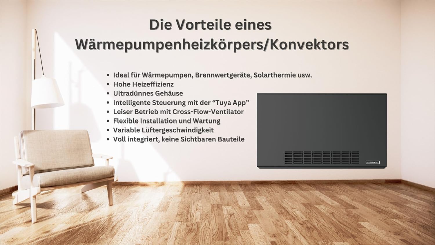 Inverboost Wärmepumpenheizkörper-Konvektor, 3 kW Heizkörper, ultradünn 145 mm, Wärmetauscher, Ventilator, Weiß, steuerbar per App
