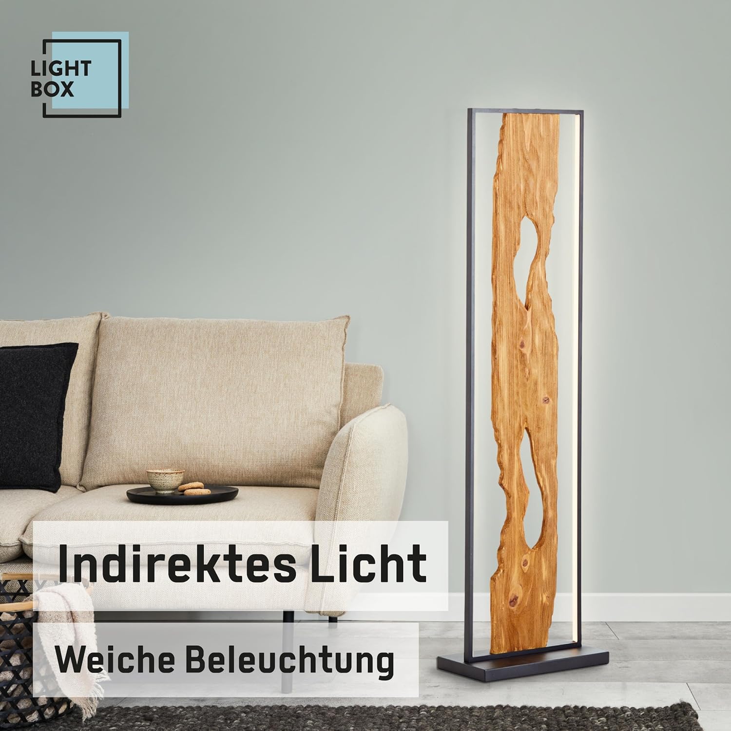 Lightbox LED Stehlampe | 120 cm | Holz Standleuchte mit Fuß-Druck-Schalter & LED Profilband | Wohnzimmer Deko Lampe | aus Aluminium/Metall/Kiefernholz in Schwarz | Contemporary/Industrial Style