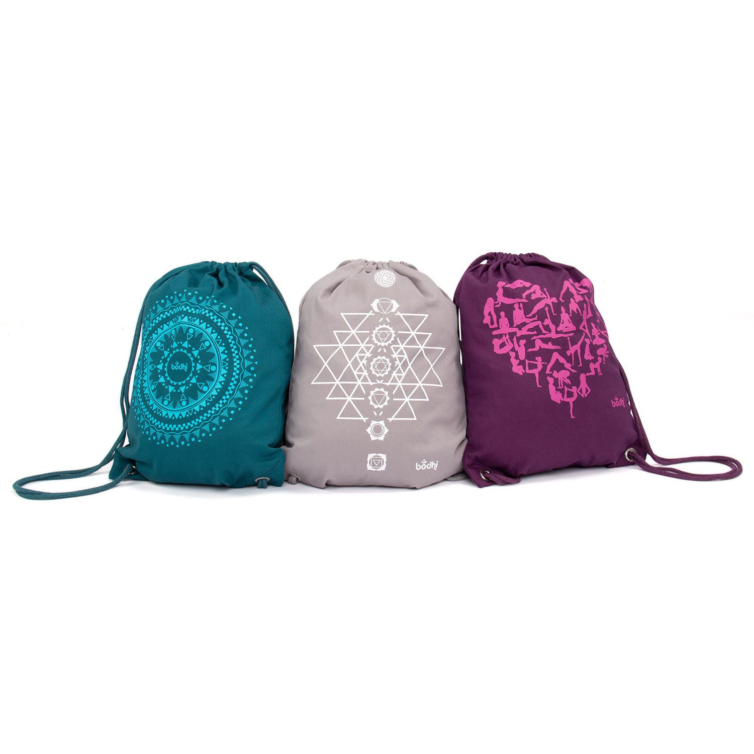 bodhi Turnbeutel GymBag YANTRA CHAKRAS, grau mit weißem Print, 100% Baumwolle