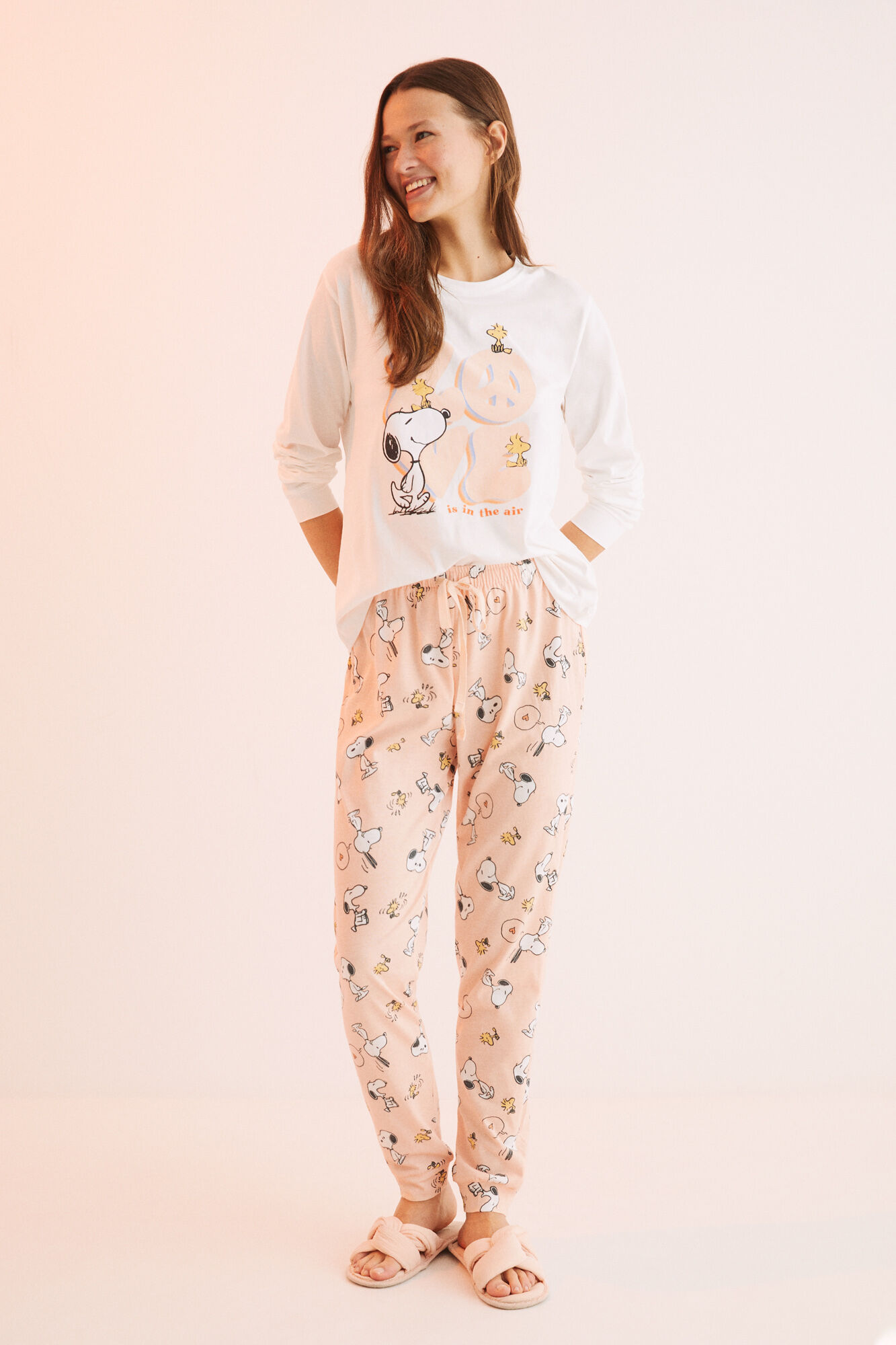 Pijama comprido Snoopy 'Love' 100% algodão - Laranja