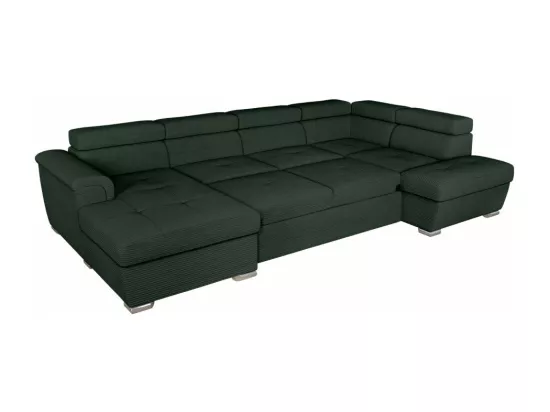 Canapé panoramique 6 places Paola convertible avec 2 coffres en velours côtelé - Vert foncé - L320,5 x P188 x H76cm - Loungitude