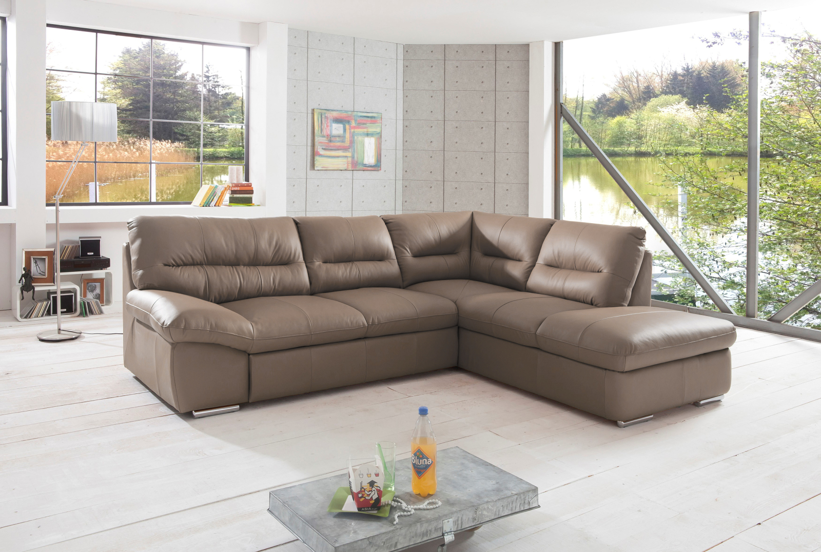 Ledersofa - braun - Ottomane rechts - Liegefunktion