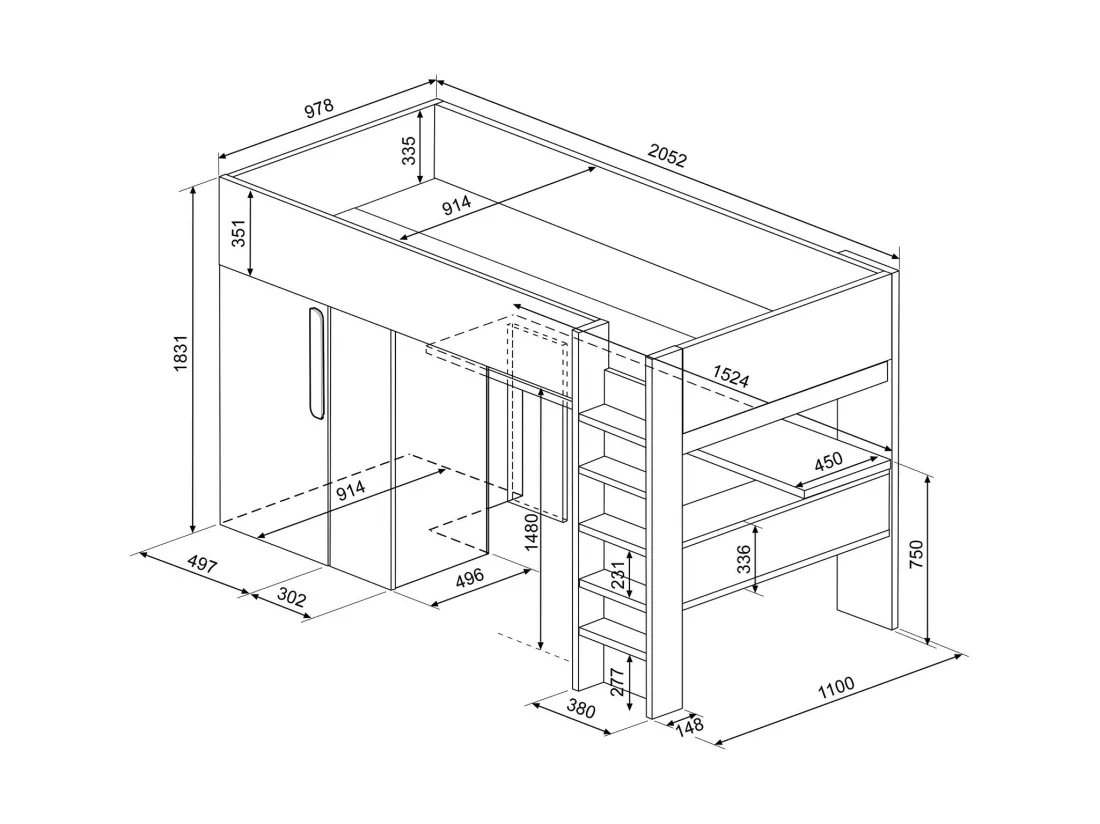 Lit mezzanine 90 x 200 cm avec armoire et bureau - Naturel grisé et blanc + Matelas - NICOLAS
