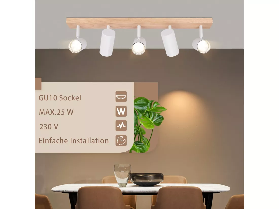 NETTLIFE Spot de Plafond 5 Flammes Bois Blanc Vintage GU10 Orientable 350°