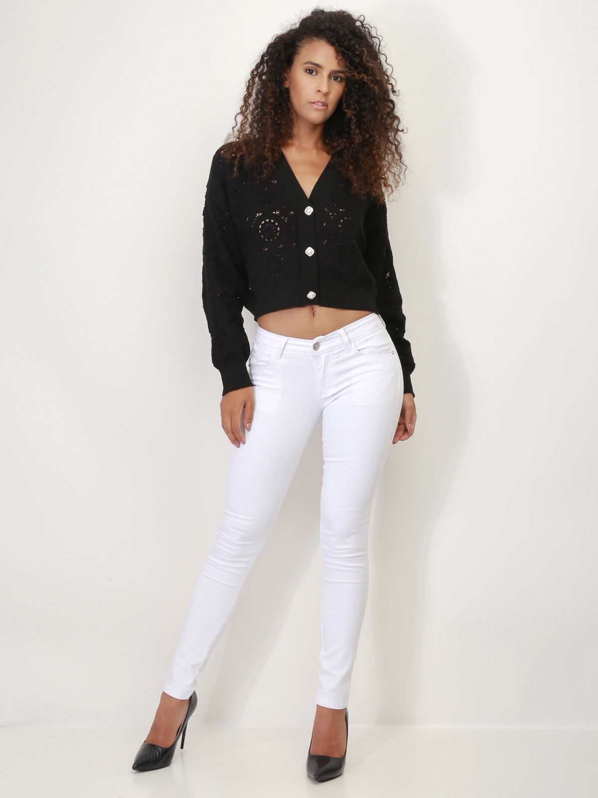 Jeans skinny avec nœuds sur les poches- Blanc