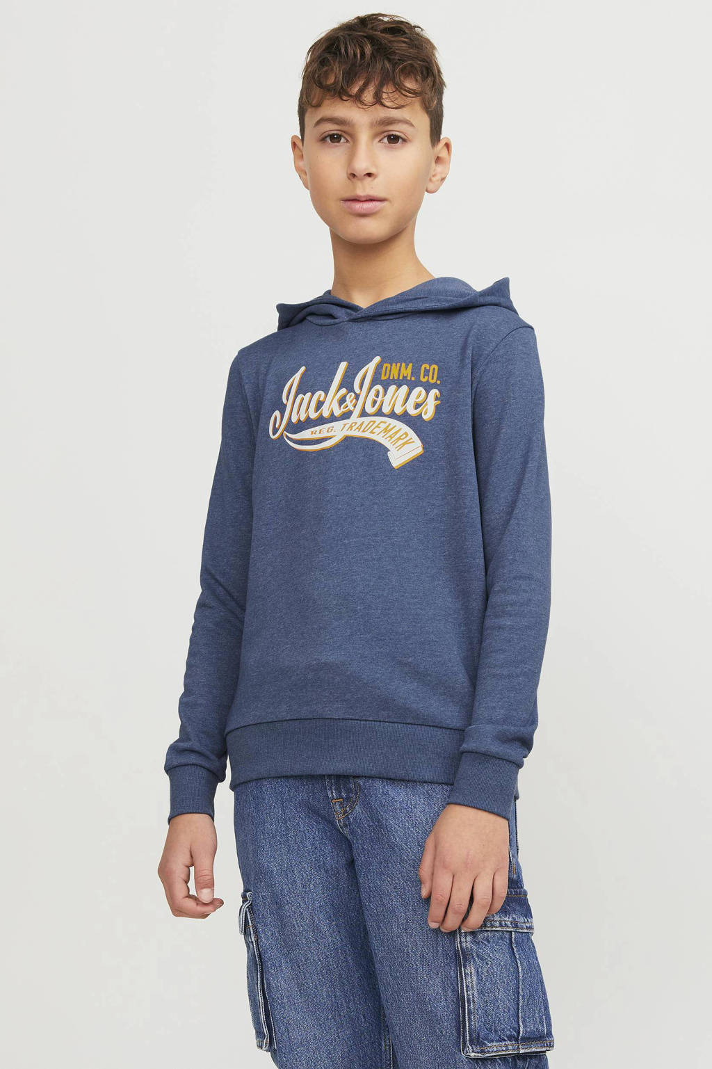 JACK & JONES hoodie JJELOGOmet tekst blauw/geel