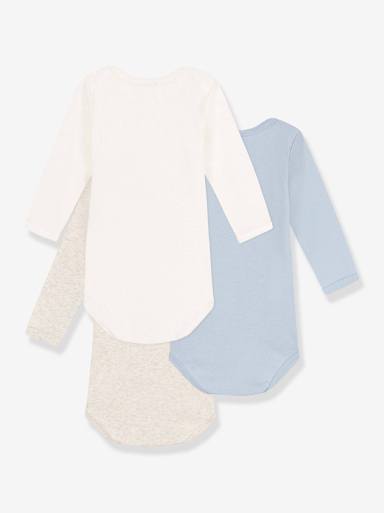 Conjunto de 3 bodies de manga comprida PETIT BATEAU em algodão orgânico, brancos.