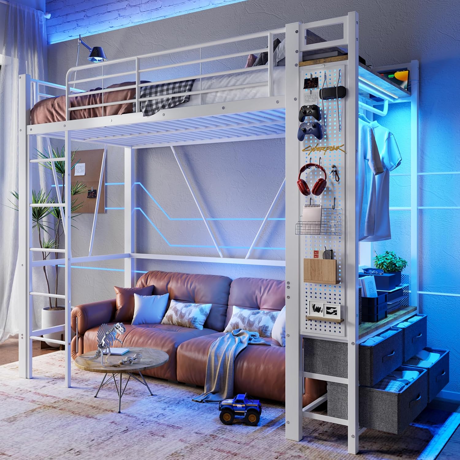 Kebnor Hochbett, Eisenrahmen, Mit Trockenstab, Mit Einlegeböden, 4 Schubladen, Mit USB+Type-C Steckdose, LED-Leiste, Geländer, Trittleiter, mit Lochbrett, ohne Matratze, 90 x 200cm (Weiß)