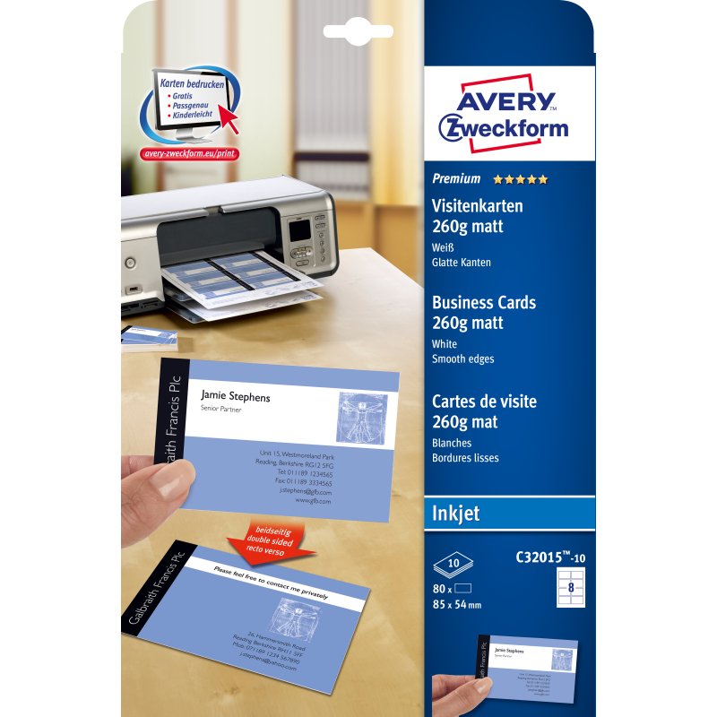 Carte visite avery impression jet d'encre recto verso 260g/m2 85x54mm bords lisses blanc mat pochette 80 unités