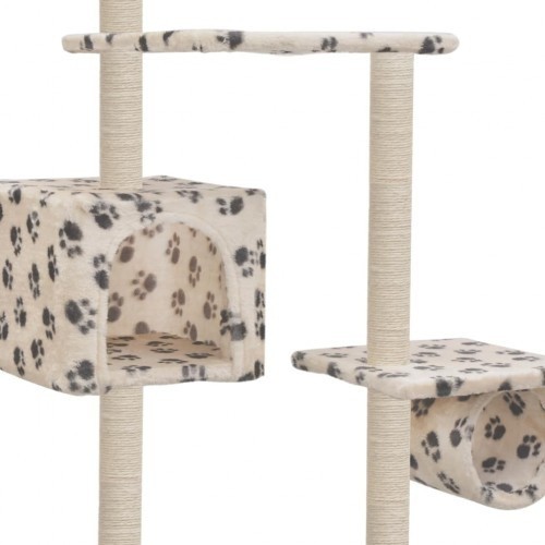 Arranhador com haste de sisal, bege, com pegadas de patas.
