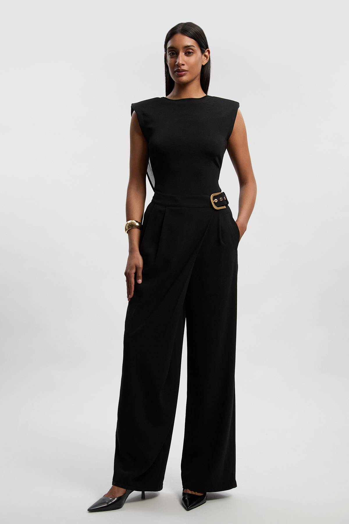 KarenMillen Pantalon Large Tailleur en Crêpe avec Détail Boucle Asymétrique