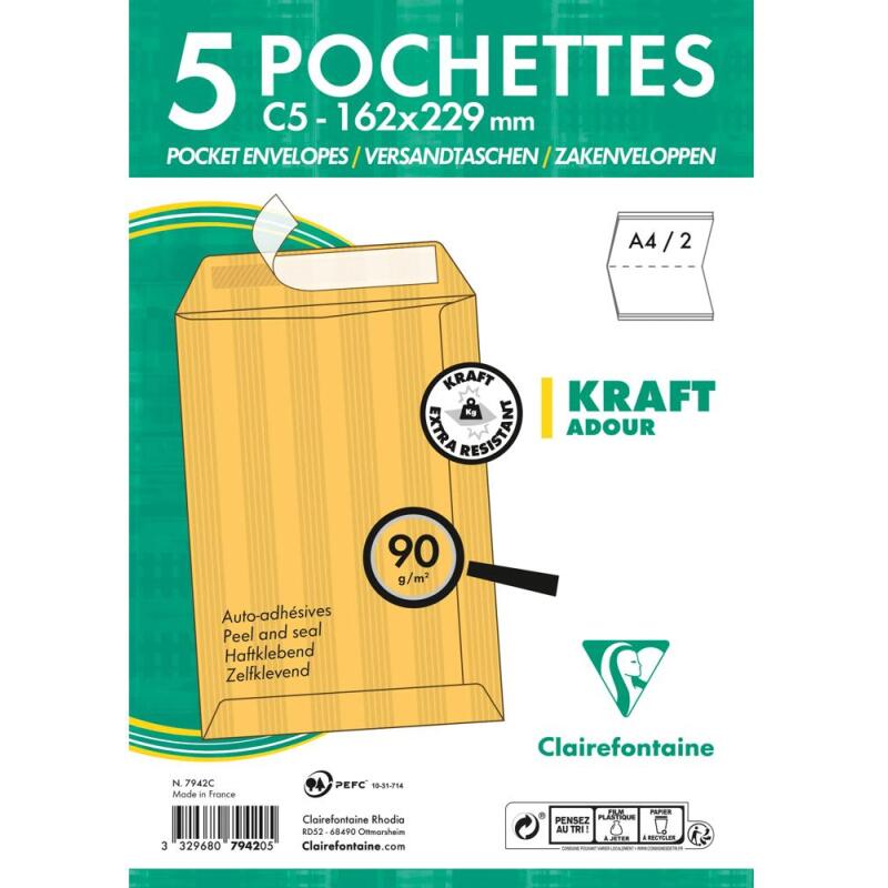 Paquet de 5 Pochettes Kraft Adour Brun C5-162x229mm - Auto-Adhésives - 90g/m2 - Brun