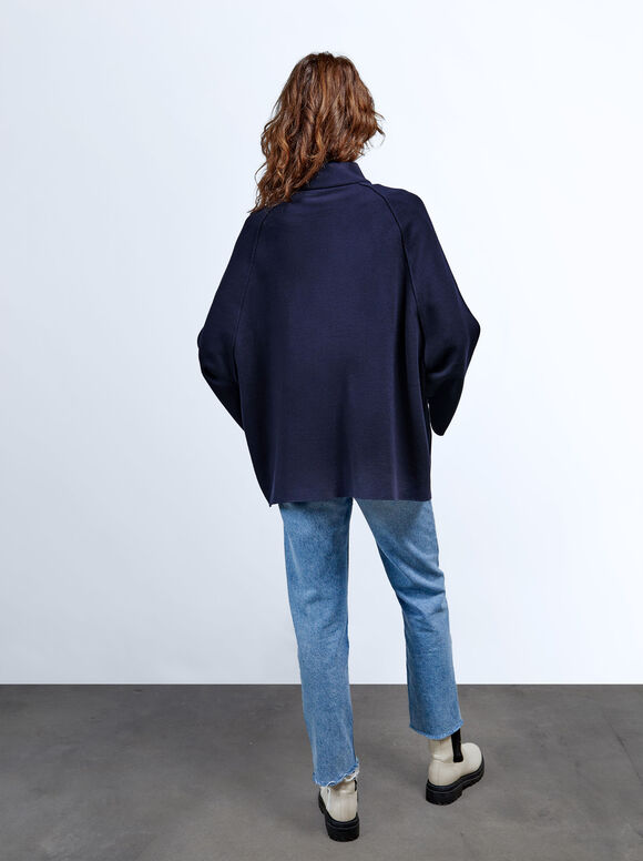 Poncho de gola alta em tricô - Azul