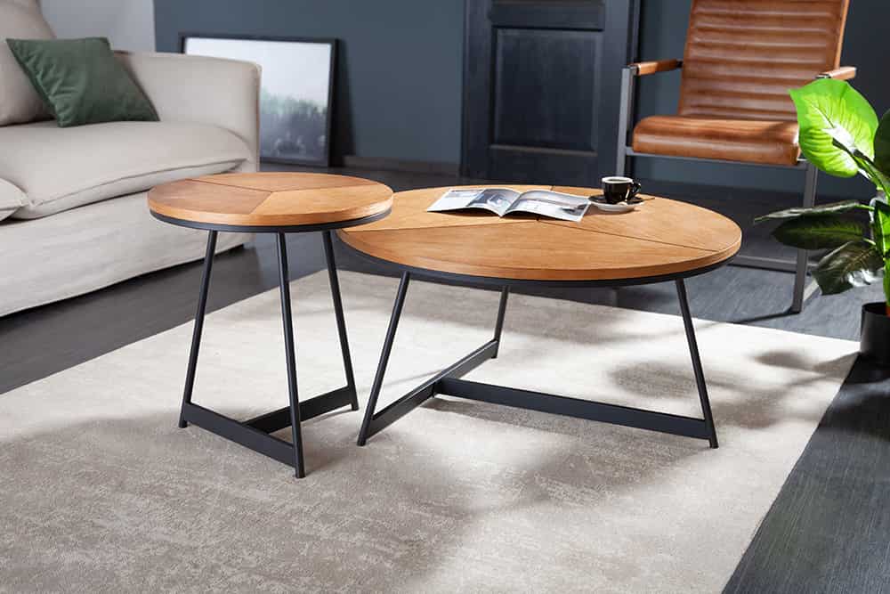 Runder Couchtisch OAK ELEGANCE 80cm Eiche Holz-Design schwarzes Metallgestell