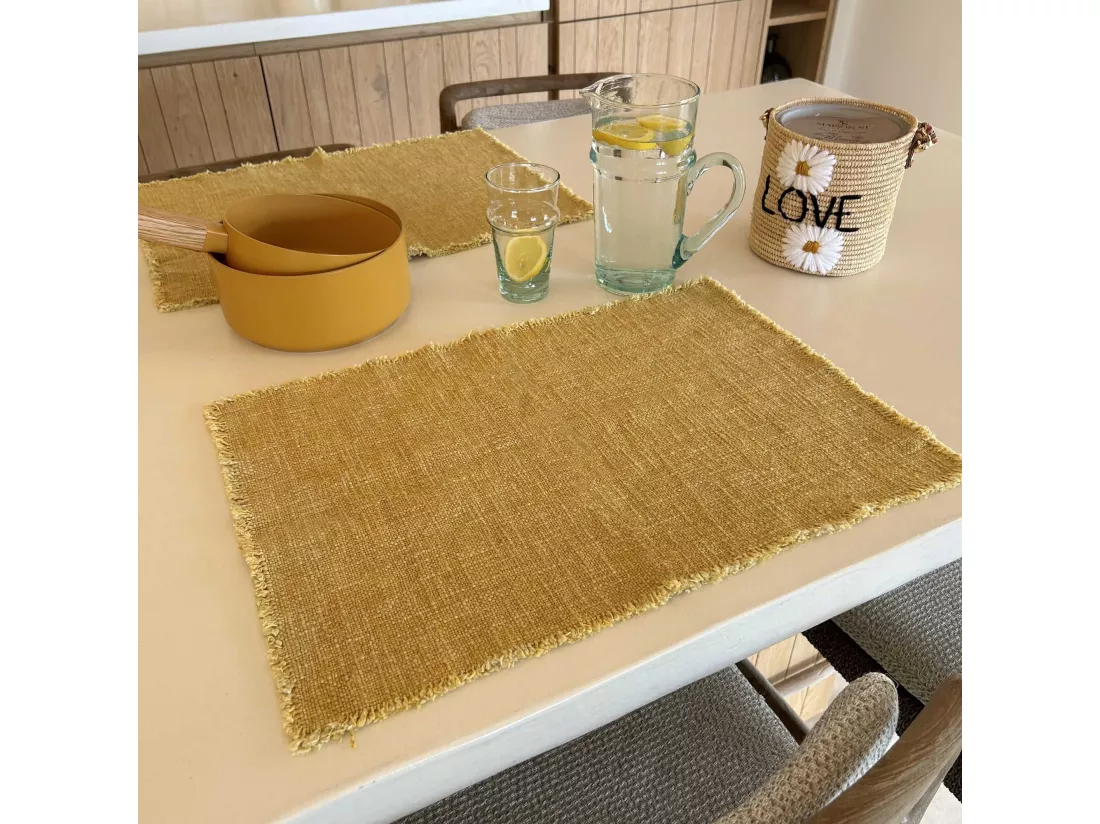 Now's Home - Lot De 4 Sets De Table Franges Tissu Uni Jaune Mimosa 38x54cm Anoki