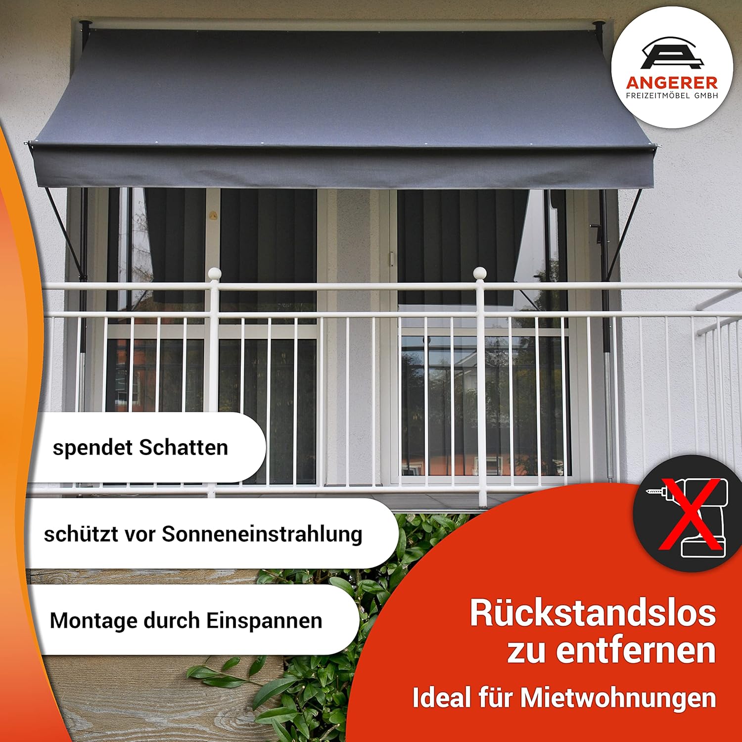 Angerer Klemmmarkise Style mit Handkurbel, Terrasse/Balkon, einfache Montage ohne Bohren, Made in Germany, hochwertiger Stoff, UV-beständig, höhenverstellbar, wasserabweisend, 400 cm Dunkelgrau