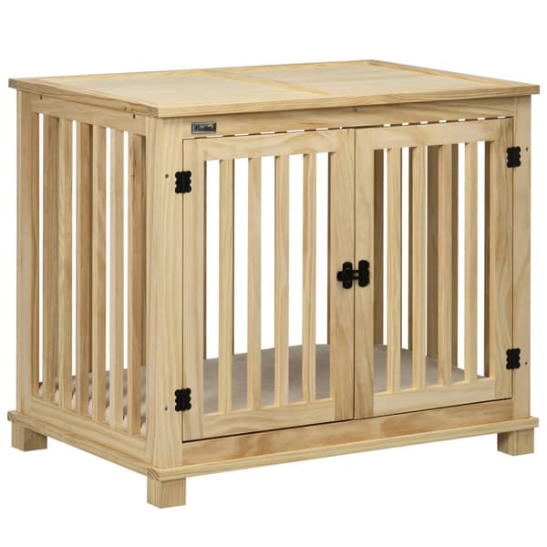 Hundebur, Dyrebur I Tre, Dyrebur For Mellomstore Hunder, Hundehus Med Pute, Hundeboks, Naturlig Tre + Kremhvit, 82,5 X 57 X 72 Cm