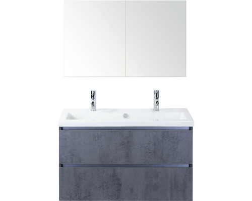 Badkamermeubelset Vogue 100 cm met keramische wastafel, 2 kraangaten en spiegelkast, beton antraciet