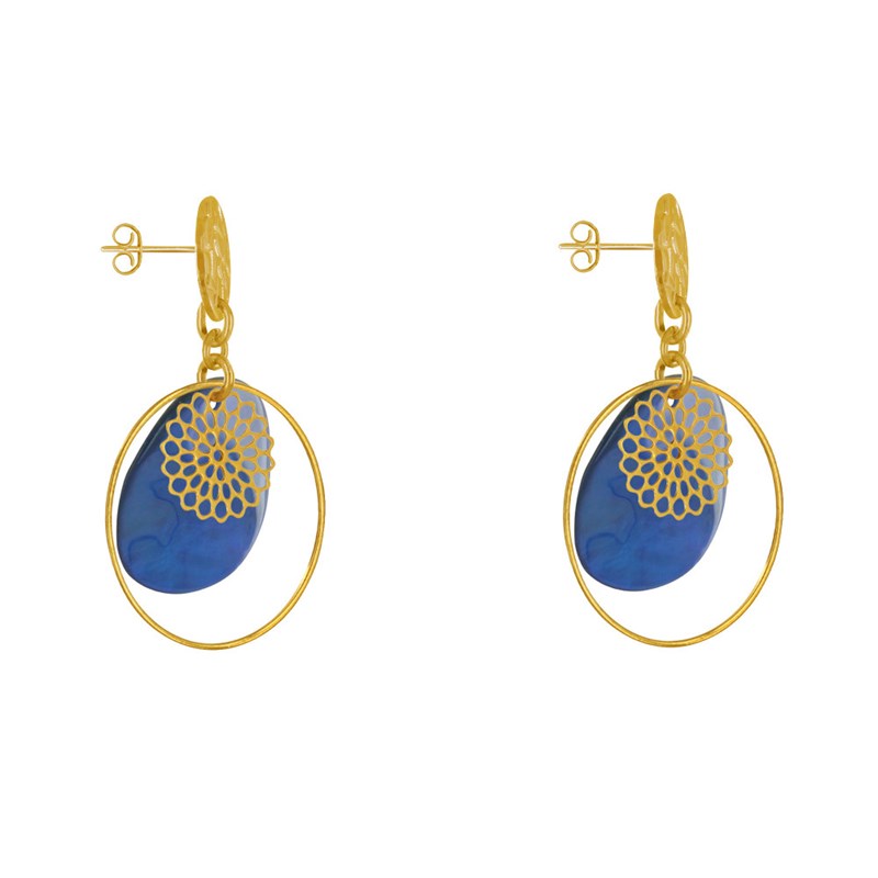 Boucles d'Oreilles Clous Métal Doré Cercle et Pastille de Nacre