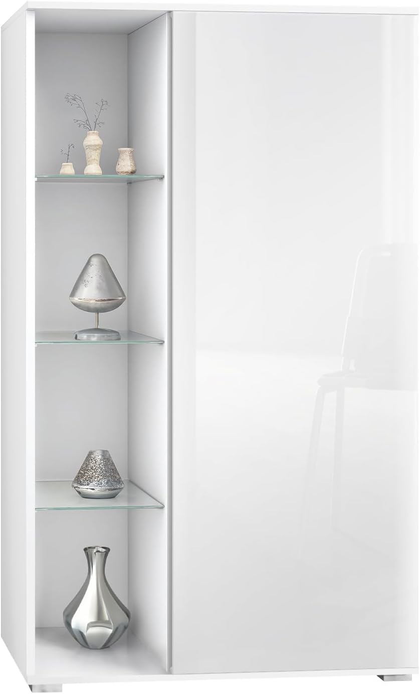 Vladon Vitrine Davos, Made in Germany, Standvitrine mit 3 Glasböden und 8 Fächer, Weiß matt/Weiß Hochglanz (71,5 x 134 x 35 cm)