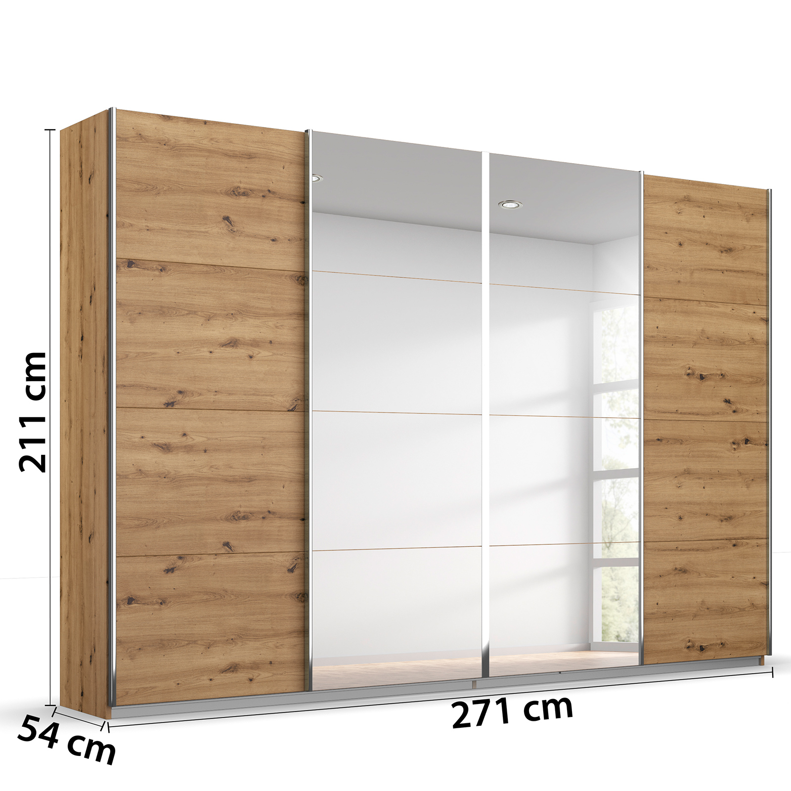 Schwebetürenschrank - Eiche Artisan - 2 Spiegeltüren - 271x211 cm