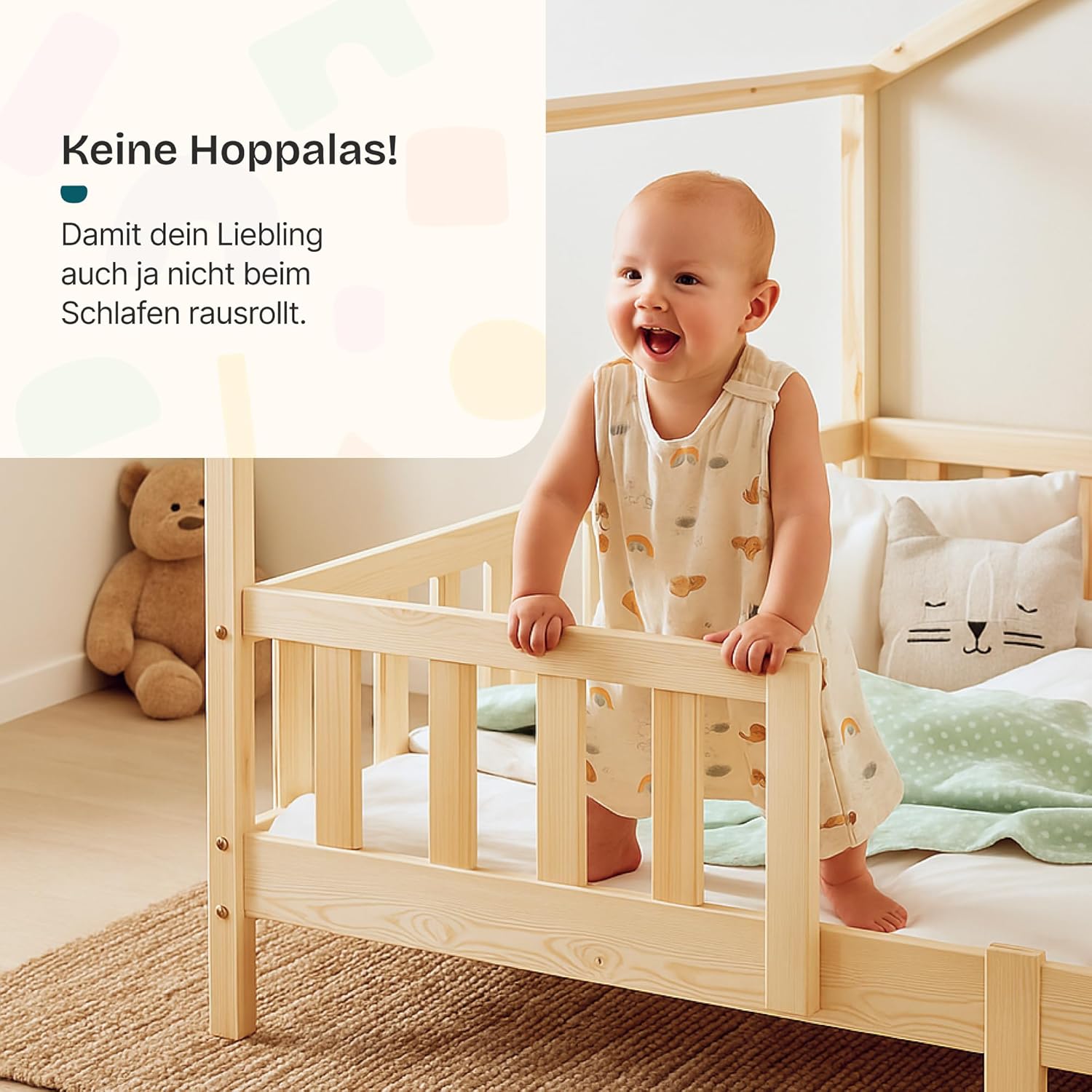 [en.casa] Kinderbett Treviolo Hausbett 140 x 200 cm Holzbett für Kinder mit Rausfallschutz Montessori Bettgestell mit Lattenrost Kiefernholz Holzfarben
