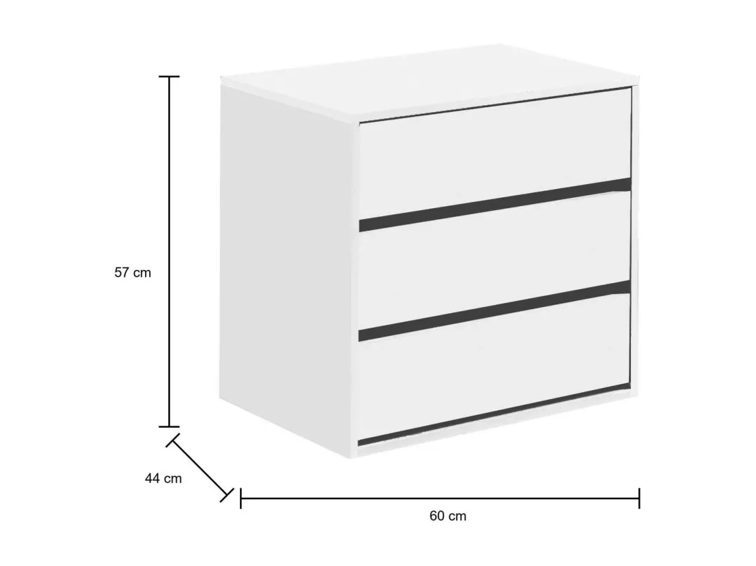Commode Dkutl, Commode avec 3 tiroirs, Commode basse pour intérieurs de garde-robe, Commode moderne, 60x44h57 cm, Blanc