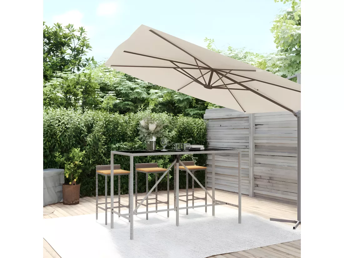Prolenta Premium - Table de bar et dessus en verre gris 180x70x110 cm poly rotin