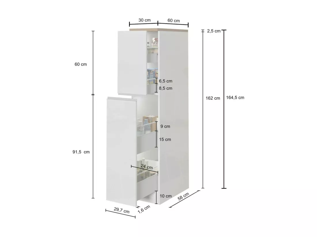 Buffet de Cuisine Dcasiragh, Armoire polyvalente, Meuble de kitchenette, Support réfrigérateur multifonctionnel, 100% Made in Italy, 30x60h165 cm, Blanc brillant et ardoise