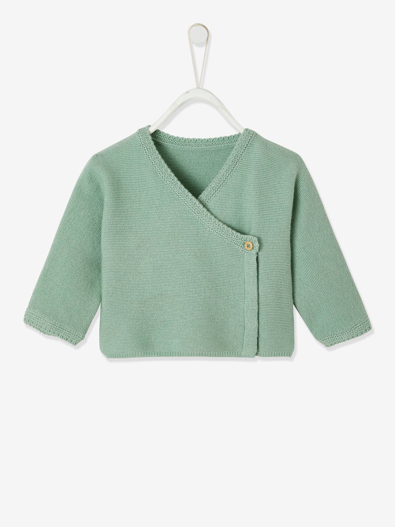 Casaco para bebê em algodão e lã verde-água.