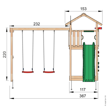 Speeltoestel Jungle Gym Cottage douglas met glijbaan donker groen en 2-schommel module