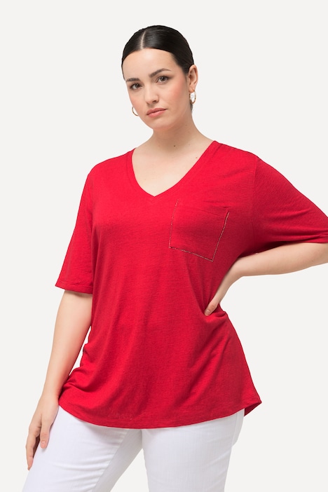 T-Shirt, Struktur, Brusttasche, V-Ausschnitt, Halbarm