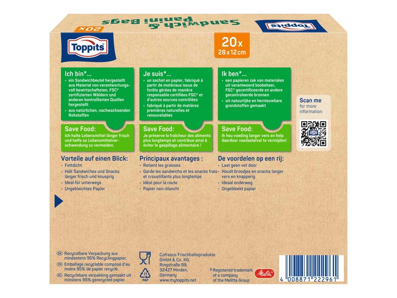 Toppits Panini Sandwichbeutel 20 Stück Frischhaltebeutel