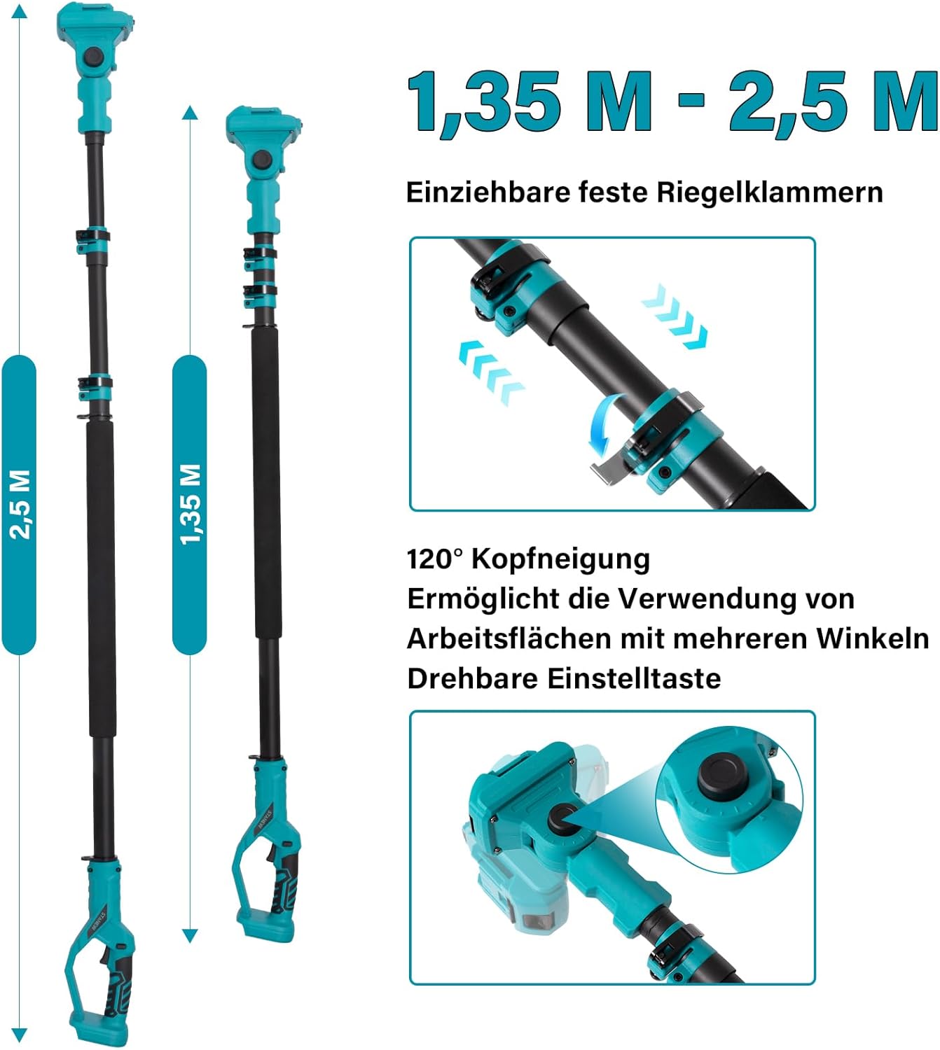 2-in-1 Teleskop Kettensäge STANEW, bürstenlose Mini-Kettensäge, mit 2 x 4000mAh Akkus, 6 Zoll, max.Arbeitshöhe 4,55 M, Multi-Winkelverstellung von 0-120°,mit LCD-Display