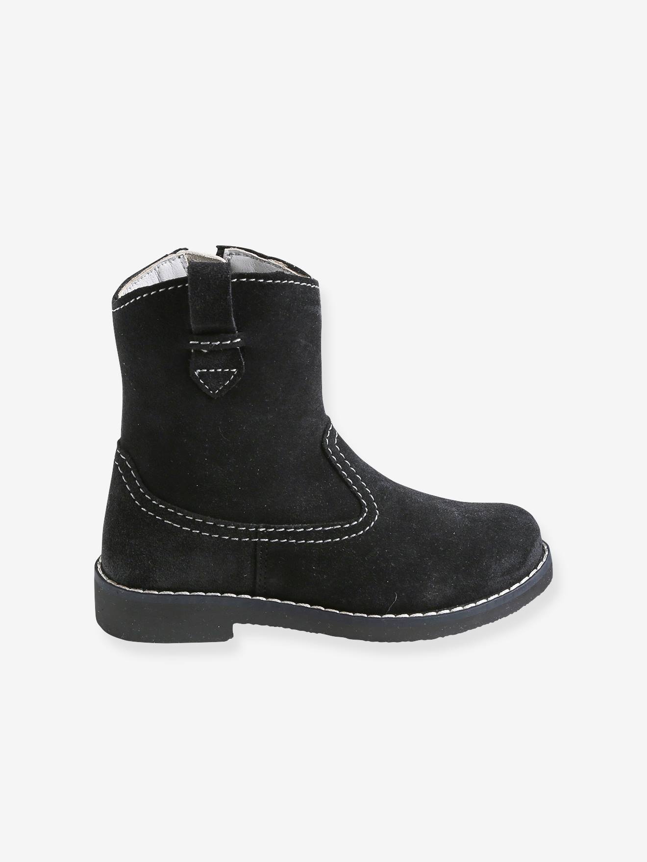 Botas de cano curto de couro para meninas, pretas lisas, modelo liso.