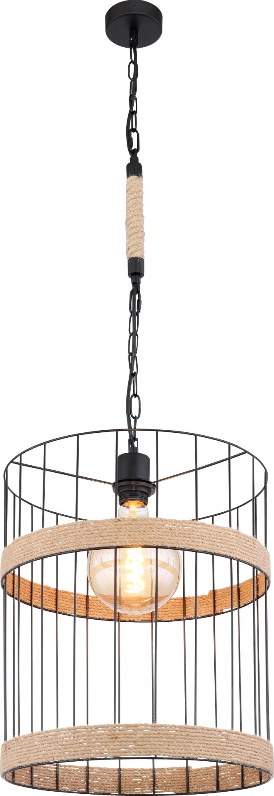 Pendelleuchte - schwarz matt - braun - Hanfseil - 145 cm