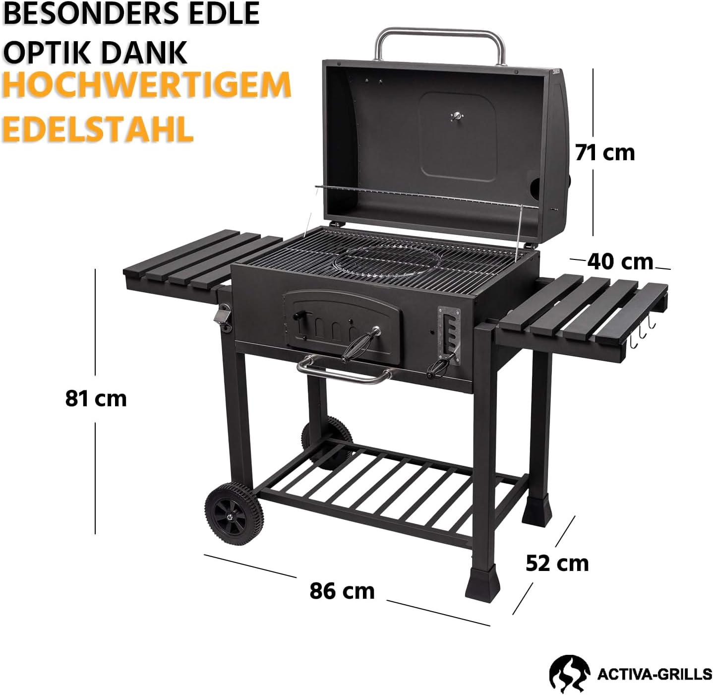 ACTIVA Holzkohlegrill Angulatus I Holzkohlegrill mit Deckel, verstellbarer Kohlewanne & Thermometer I Grillwagen für ein gelungenes Barbecue