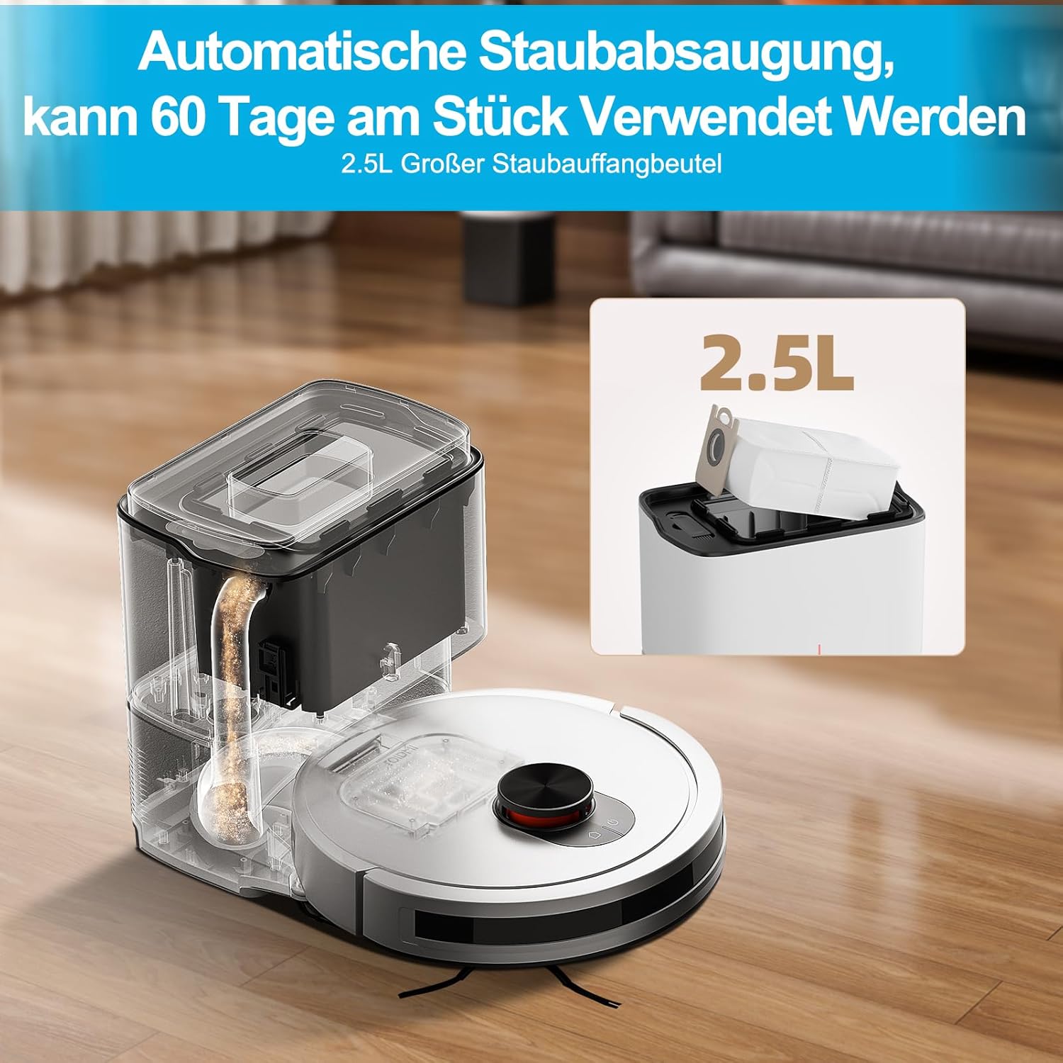 ROIDMI EVE CC Saugroboter mit Wischfunktion, 2.5L Automatischem Schmutzbehälter Kehren Saugen Wischen 2 in 1 Saugroboter, 4000Pa Laser Navigation Staubsauger Roboter