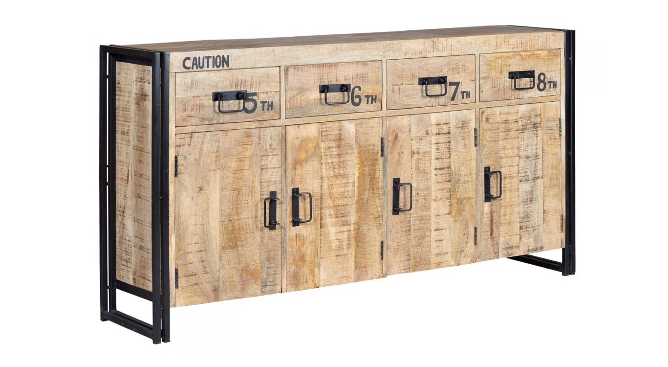 Bahut 4 tiroirs bois, métal marron 165x38x90cm - bois-métal