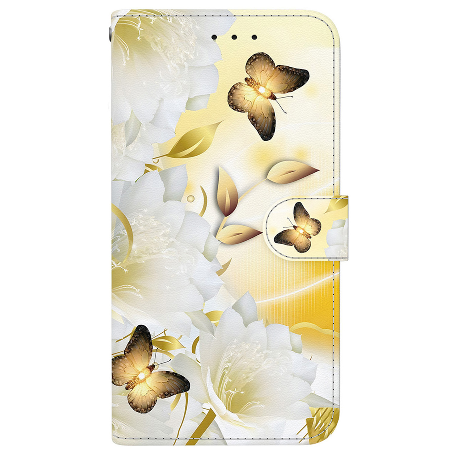 Samsung Galaxy S24 FE Leder Tasche mit Kartenfach   Handschlaufe - Goldene Schmetterlingsblumen