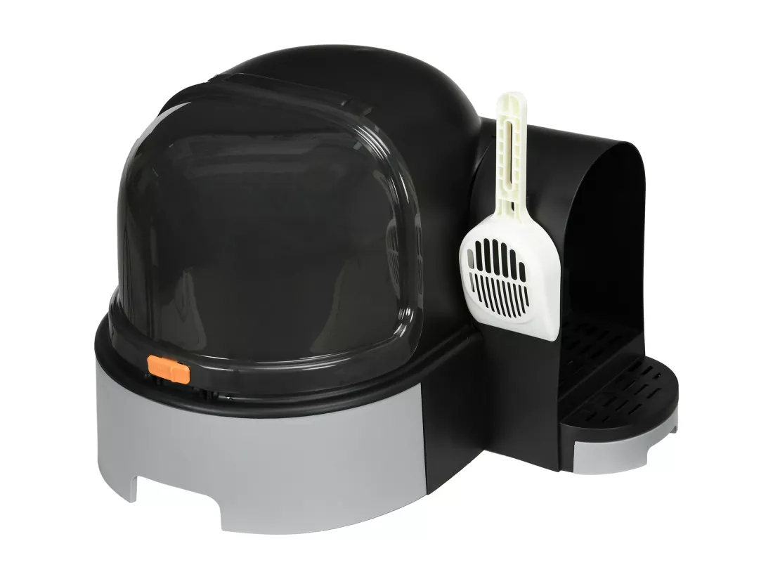 Maison de toilette litière pour chat design capsule spatiale - porte, capot ouvrant, pelle, 2 tiroirs amovibles - gris noir