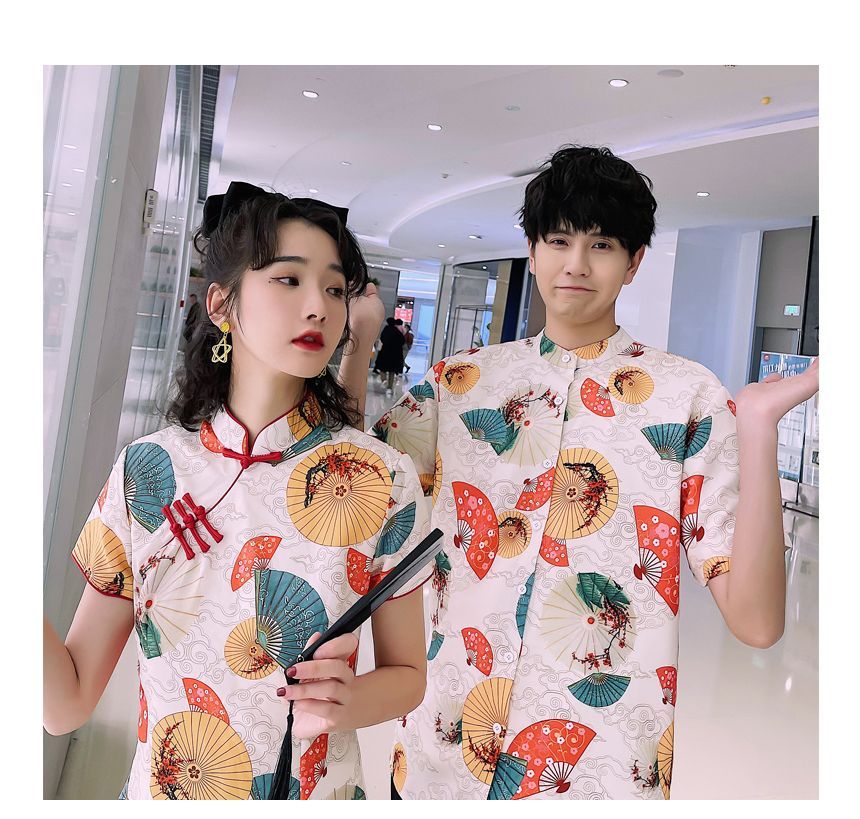 NoonSun - Koppel bijpassende korte mouwen waaier print mini qipao / shirt / effen rechte broek / set