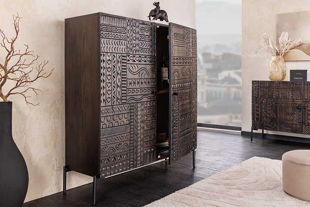 Massives Highboard TRIBAL 120cm antik braun Mangoholz 3D-Front viel Stauraum