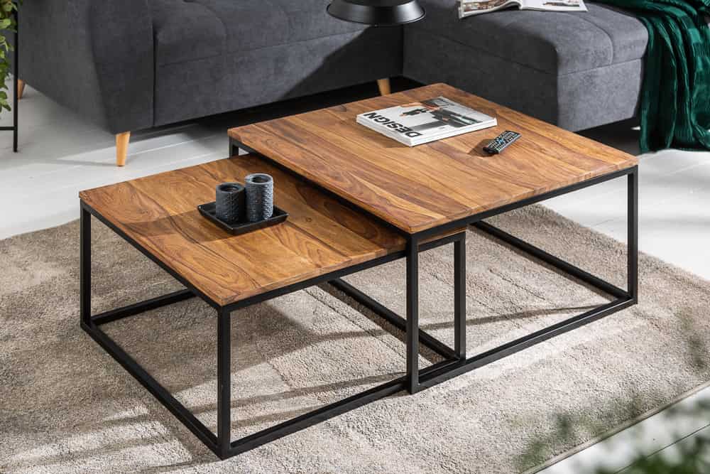 2er Set Couchtisch ELEMENTS 65cm braun Sheesham Massivholz stone finish Eisen schwarz