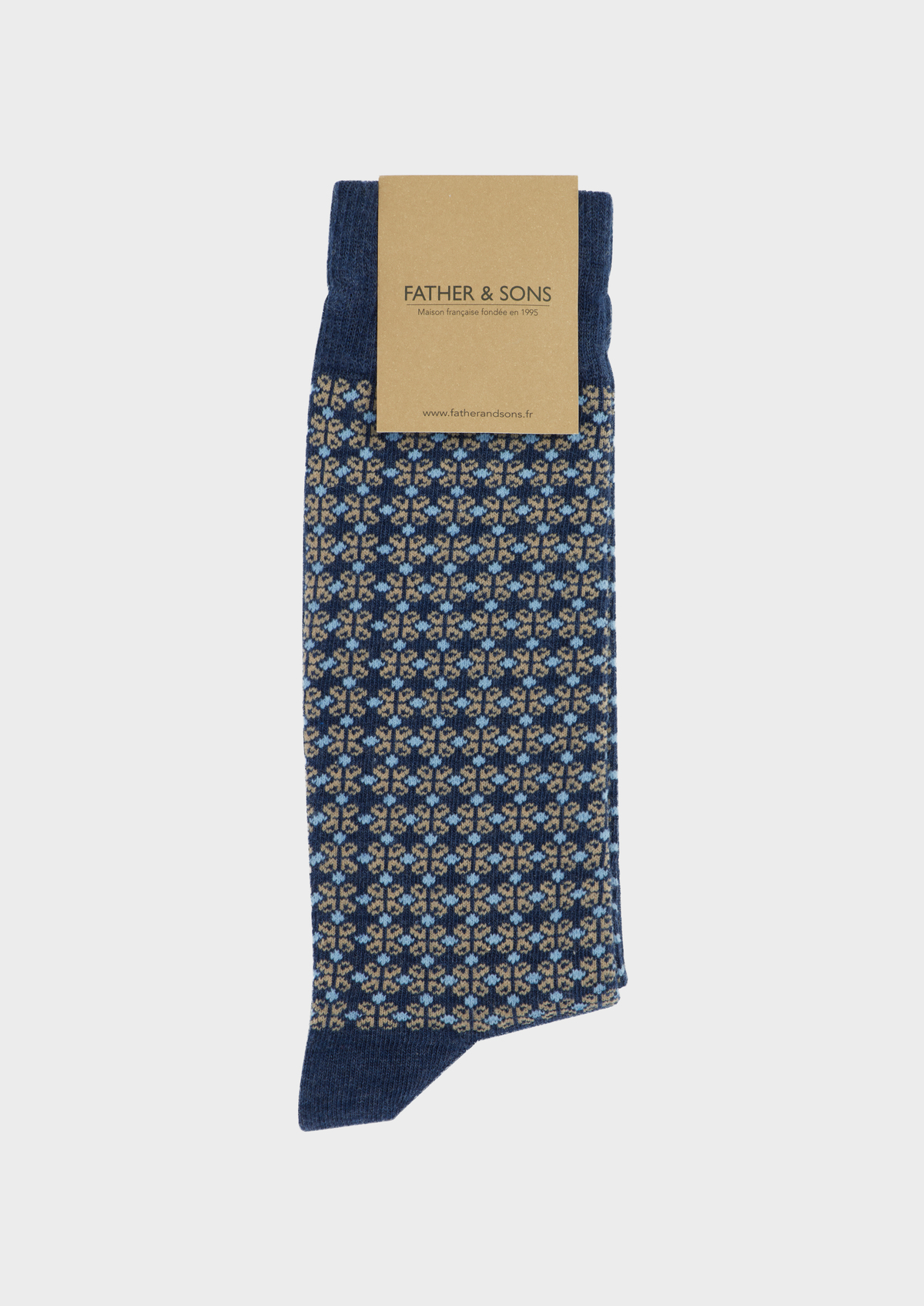 Chaussettes en coton bio mélangé bleu indigo à motif fantaisie beige