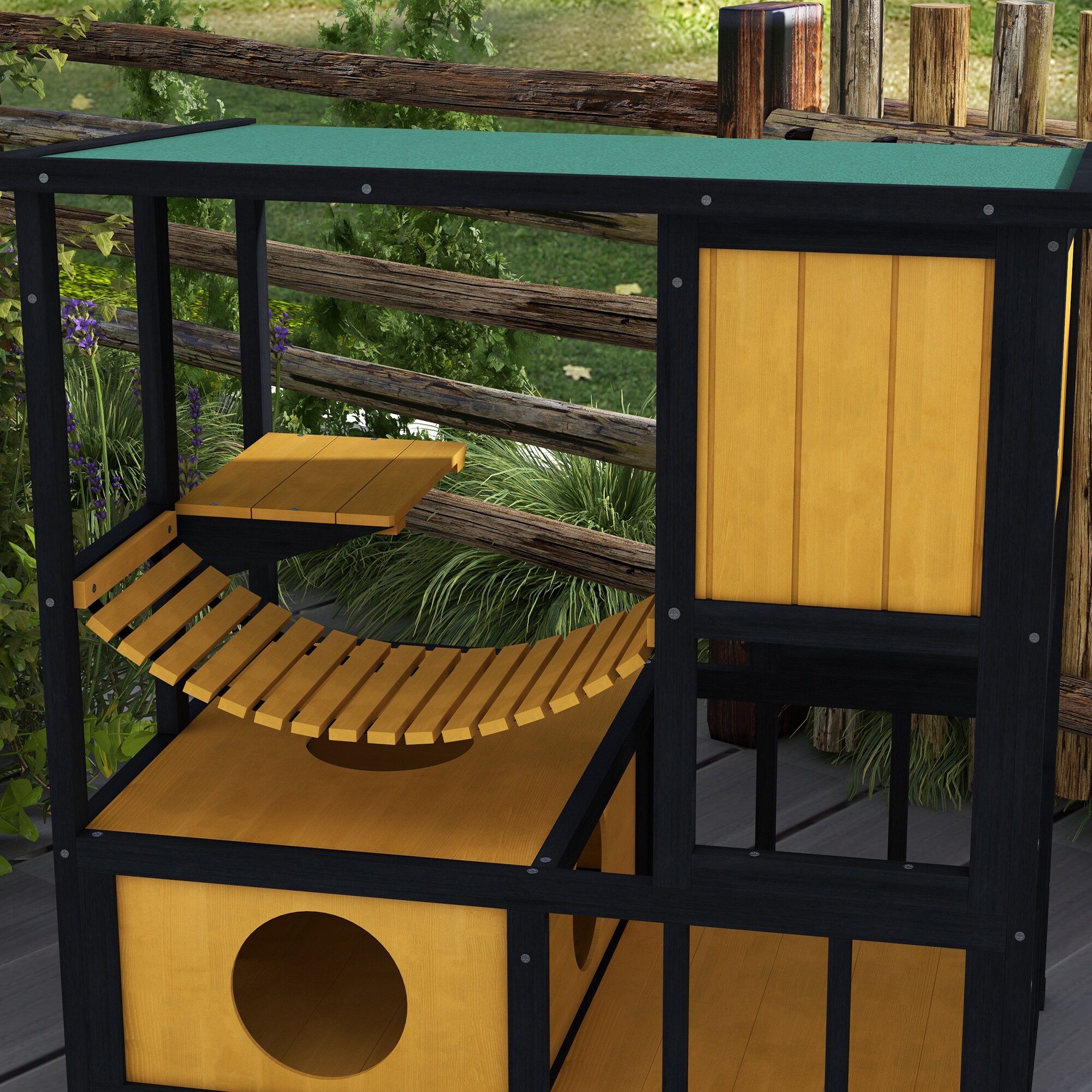 PawHut Katzenhaus mit Zugbrücke natur 84,5L x 60B x 88H cm