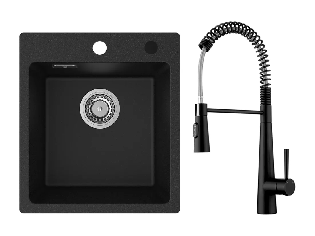 Cecipa max Evier de Cuisine en Quartz et Résine 40x45cm Evier Quartz 1 Bac Noir + Mitigeur de Cuisine à Ressort avec 3 Modes de Sortie D'eau, Noir
