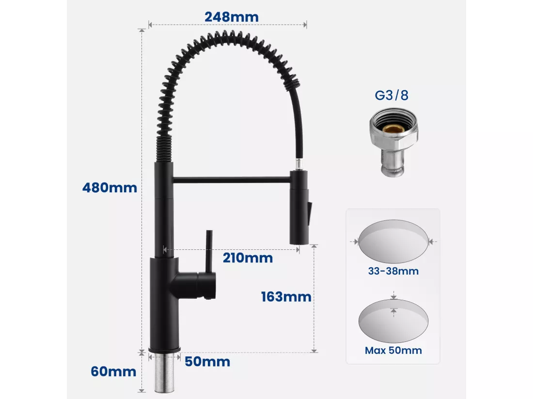 Cecipa max Mitigeur Cuisine à Ressort avec 2 Modes de Sortie D'eau Mitigeur Evier avec Douchette Extractible Robinet Pivotant à 360° Noir EU Modèle