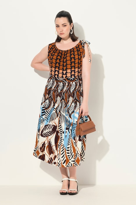 Jerseykleid, geraffter Ausschnitt, Rundhals, ärmellos