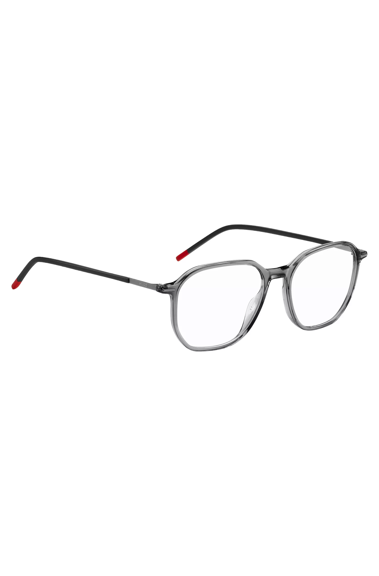 Armação de óculos HUGO em acetato vermelho transparente com hastes personalizadas.